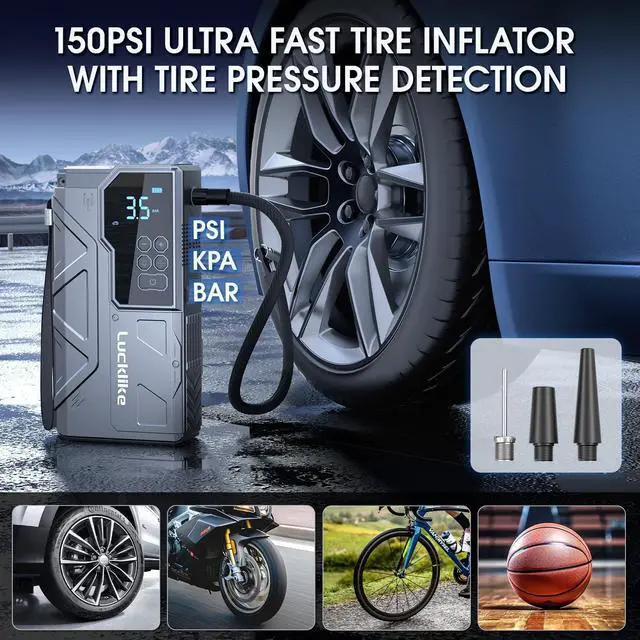 Alt view image 4 of 7 - Jump Starter with Air Compressor, 4000A Portable Car Battery Jumper Starter Pack for 10L Gas and 8L Diesel, Tire Inflator with Presssure Detection, 12V Jump Box with 3 Modes Flashlight