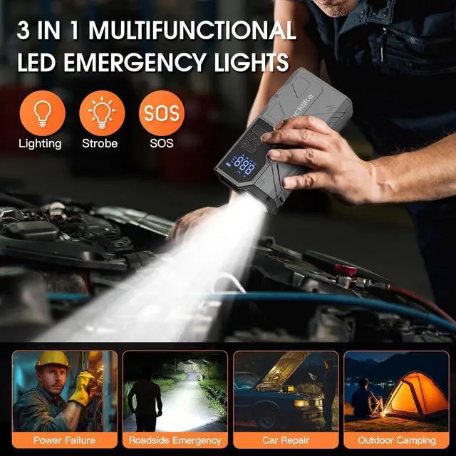 Alt view image 5 of 7 - Jump Starter with Air Compressor, 4000A Portable Car Battery Jumper Starter Pack for 10L Gas and 8L Diesel, Tire Inflator with Presssure Detection, 12V Jump Box with 3 Modes Flashlight