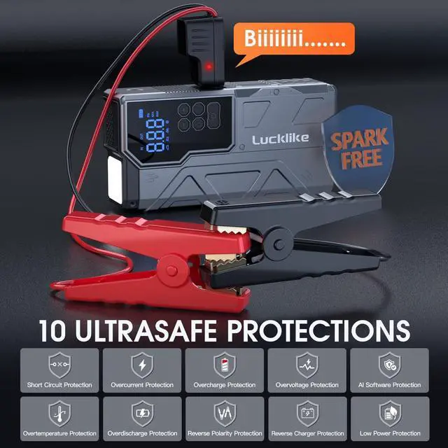 Alt view image 7 of 7 - Jump Starter with Air Compressor, 4000A Portable Car Battery Jumper Starter Pack for 10L Gas and 8L Diesel, Tire Inflator with Presssure Detection, 12V Jump Box with 3 Modes Flashlight