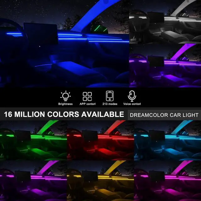 Alt view image 2 of 7 - Acrylic Interior Car LED Strip Light with Wireless APP, RGB 14 in 1 with 175 inches 593 LEDs Fiber Optic Ambient Lighting Kits, 16 Million Colors Sound Active Function Car Neon Lights