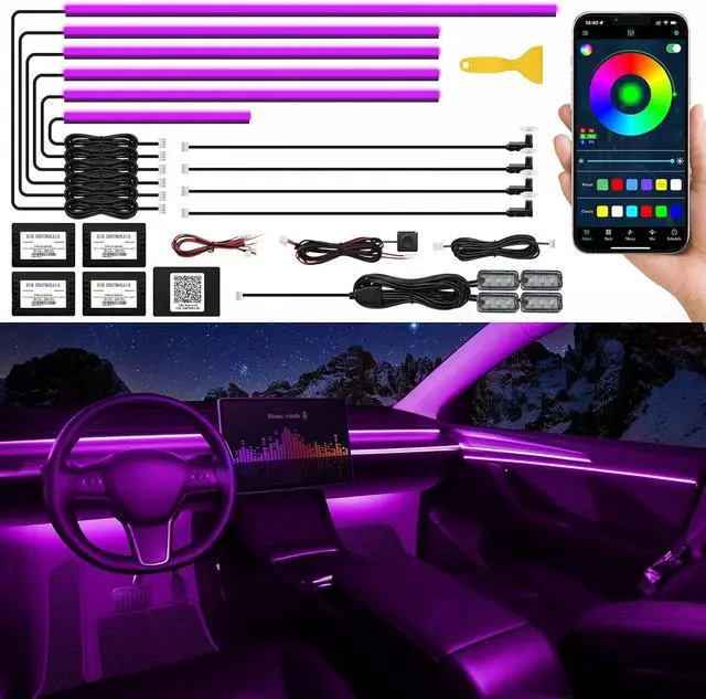 Main image of Acrylic Interior Car LED Strip Light with Wireless APP, RGB 14 in 1 with 175 inches 593 LEDs Fiber Optic Ambient Lighting Kits, 16 Million Colors Sound Active Function Car Neon Lights