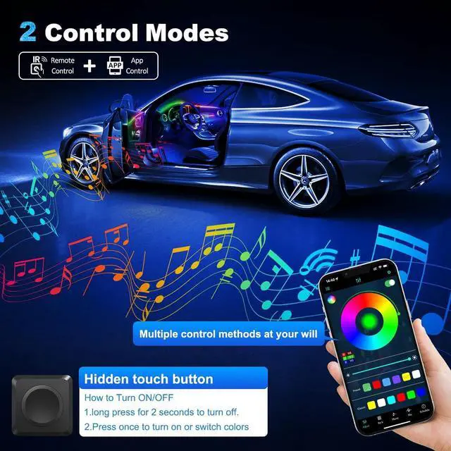 Alt view image 3 of 7 - Acrylic Interior Car LED Strip Light with Wireless APP, RGB 14 in 1 with 175 inches 593 LEDs Fiber Optic Ambient Lighting Kits, 16 Million Colors Sound Active Function Car Neon Lights