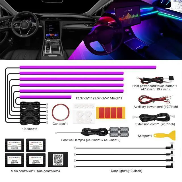 Alt view image 4 of 7 - Acrylic Interior Car LED Strip Light with Wireless APP, RGB 14 in 1 with 175 inches 593 LEDs Fiber Optic Ambient Lighting Kits, 16 Million Colors Sound Active Function Car Neon Lights