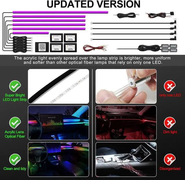 Alt view image 5 of 7 - Acrylic Interior Car LED Strip Light with Wireless APP, RGB 14 in 1 with 175 inches 593 LEDs Fiber Optic Ambient Lighting Kits, 16 Million Colors Sound Active Function Car Neon Lights