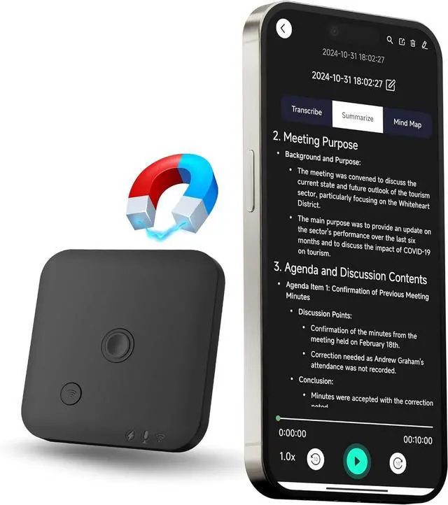 Main image of Voice Recorder with APP for AI Voice-to-Text Transcription, GPT-4o Summary, Mind Mapping, 64GB Storage, and a Magnetic Design, Dictaphone for Calls, Lectures, and Meetings, by FoCase Rec