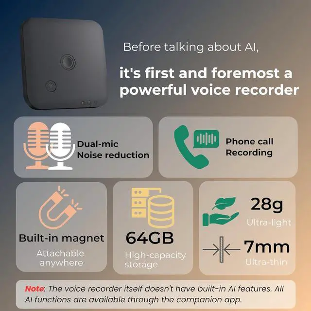 Alt view image 2 of 6 - Voice Recorder with APP for AI Voice-to-Text Transcription, GPT-4o Summary, Mind Mapping, 64GB Storage, and a Magnetic Design, Dictaphone for Calls, Lectures, and Meetings, by FoCase Rec
