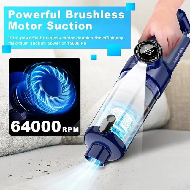 Alt view image 2 of 7 - Handheld Vacuum Cordless - Car Vacuum Cleaner with Brushless Motor, 15000Pa Strong Suction with LED Light, Type C Cable, 2 Fliters, Portable Hand Vacuum for Home, Pet and Car