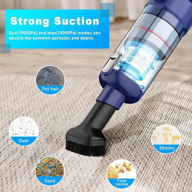 Alt view image 3 of 7 - Handheld Vacuum Cordless - Car Vacuum Cleaner with Brushless Motor, 15000Pa Strong Suction with LED Light, Type C Cable, 2 Fliters, Portable Hand Vacuum for Home, Pet and Car
