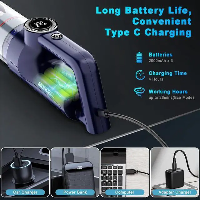 Alt view image 4 of 7 - Handheld Vacuum Cordless - Car Vacuum Cleaner with Brushless Motor, 15000Pa Strong Suction with LED Light, Type C Cable, 2 Fliters, Portable Hand Vacuum for Home, Pet and Car