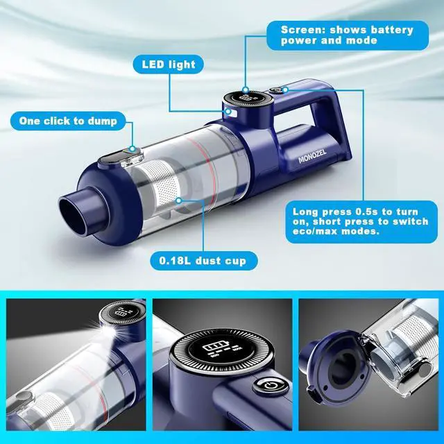 Alt view image 7 of 7 - Handheld Vacuum Cordless - Car Vacuum Cleaner with Brushless Motor, 15000Pa Strong Suction with LED Light, Type C Cable, 2 Fliters, Portable Hand Vacuum for Home, Pet and Car