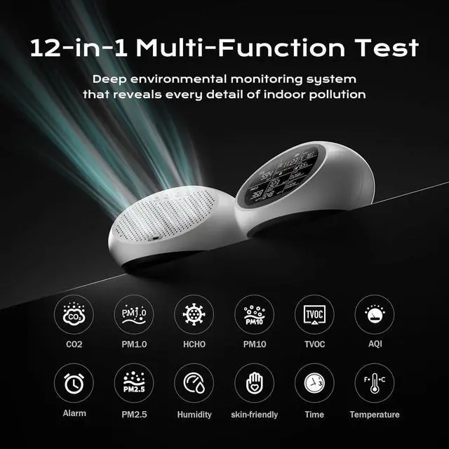Alt view image 2 of 7 - 12-in-1 Air Quality Monitor Indoor, Portable Air Quality Monitor, for CO2, PM1.0, PM2.5, HCHO, TVOC and Others, Air Quality Tester for Home, Hotel, Office, Car, Battery Powered Air Monitor (White)