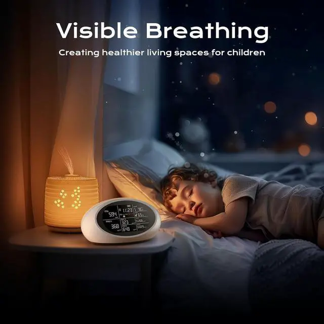 Alt view image 5 of 7 - 12-in-1 Air Quality Monitor Indoor, Portable Air Quality Monitor, for CO2, PM1.0, PM2.5, HCHO, TVOC and Others, Air Quality Tester for Home, Hotel, Office, Car, Battery Powered Air Monitor (White)