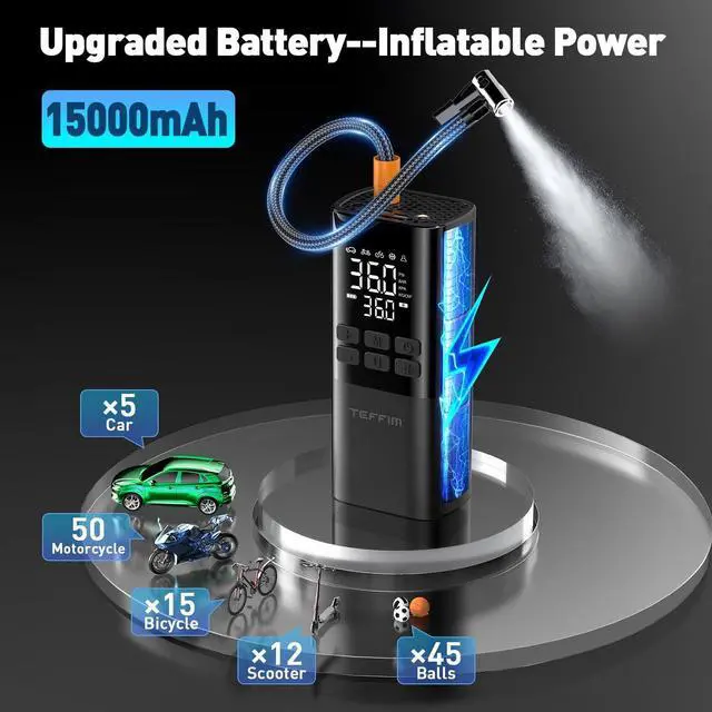 Alt view image 2 of 7 - Portable Air Compressor - Air Pump for Car Tires 150PSI &15000 mAh Battery, Portable Tire Inflator for Car with Pressure Gauge, Tire Inflator with LED Light, for Bike, Motorcycle, Balls