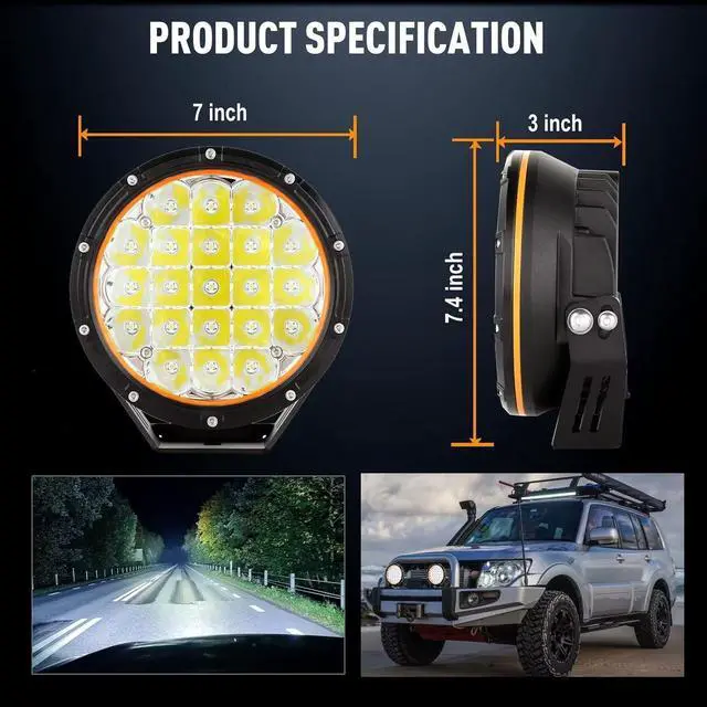 Alt view image 7 of 7 - 7in 2PCS LED Off Road Lights 210W 32000LM Super Bright Amber Cover 12V 24V with Wiring Harness for Pickup Truck SUV Offroad