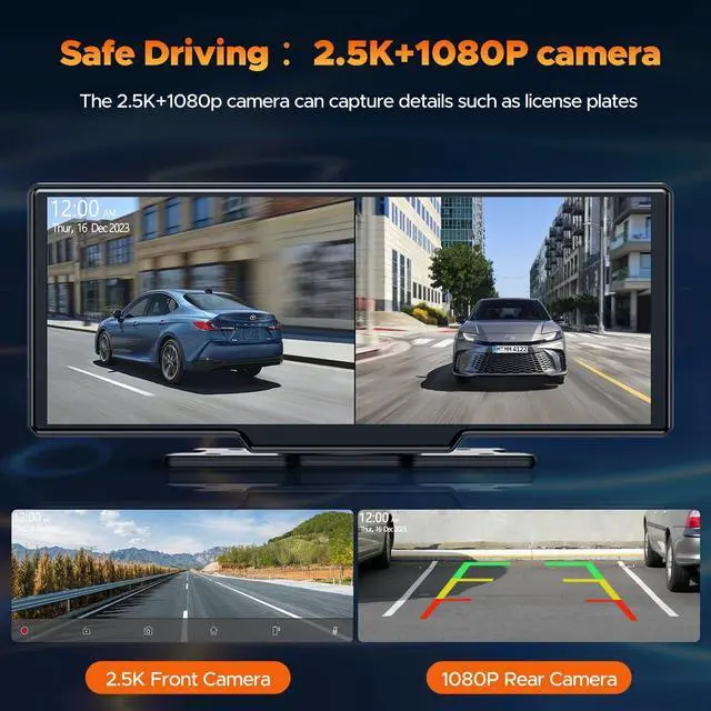 Alt view image 3 of 7 - Wireless Carplay Screen for Car with 2.5K Dash Cam, 1080p Backup Camera, 9.26" Portable Car Stereo with  Carplay Android Auto, Mirror Link, Loop Recording, GPS Navigation, AUX/FM