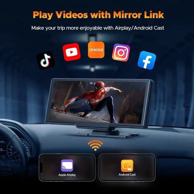 Alt view image 6 of 7 - Wireless Carplay Screen for Car with 2.5K Dash Cam, 1080p Backup Camera, 9.26" Portable Car Stereo with  Carplay Android Auto, Mirror Link, Loop Recording, GPS Navigation, AUX/FM