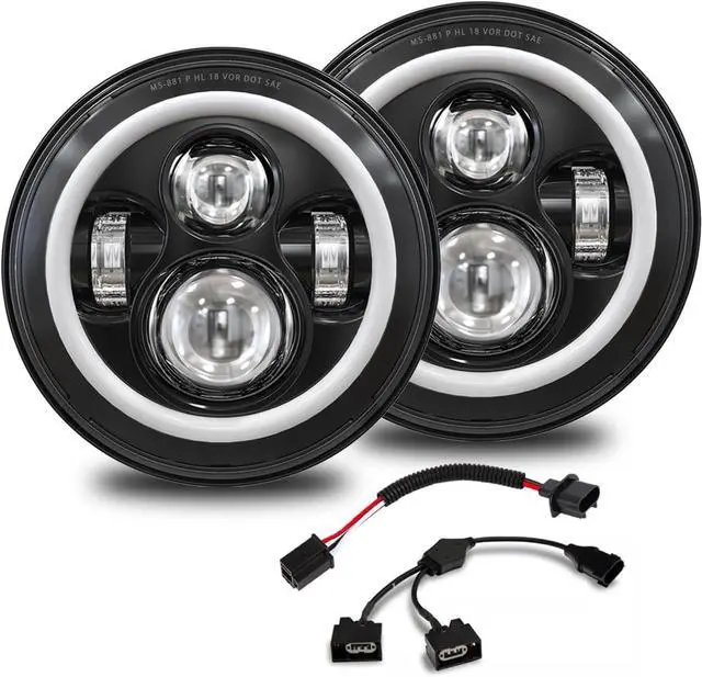 Main image of 7 Inch Round LED Halo Headlights with Switchback Adapter for Amber Turn Signal White DRL Compatible with 2007-2017 Jeep Wrangler JK JKU- Black