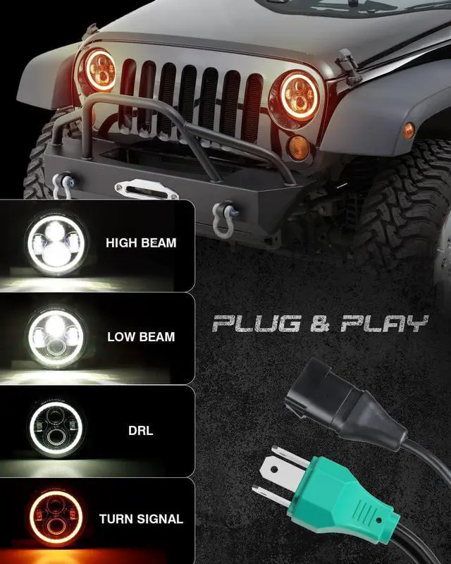 Alt view image 3 of 7 - 7 Inch Round LED Halo Headlights with Switchback Adapter for Amber Turn Signal White DRL Compatible with 2007-2017 Jeep Wrangler JK JKU- Black