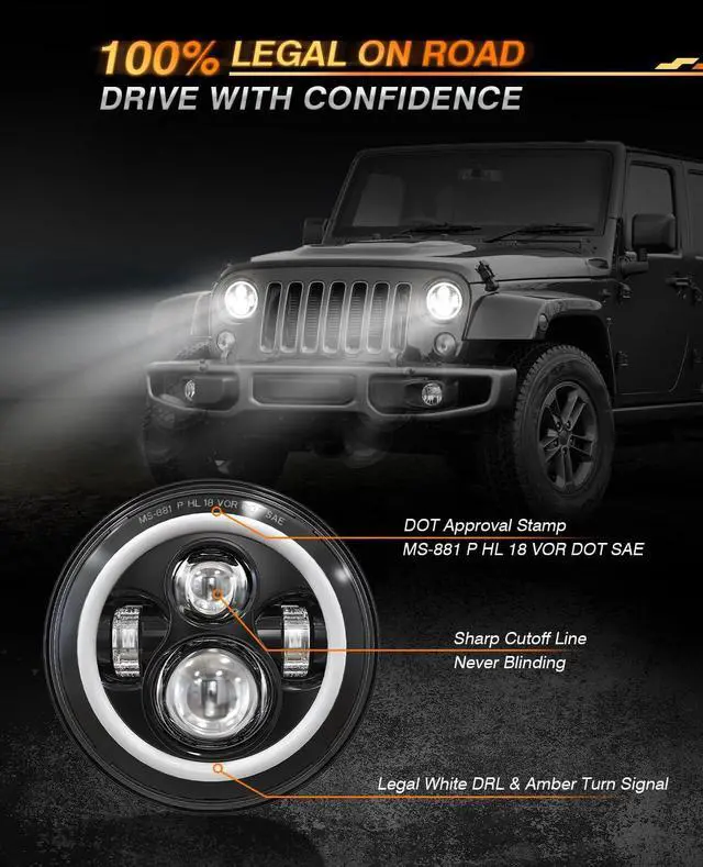 Alt view image 5 of 7 - 7 Inch Round LED Halo Headlights with Switchback Adapter for Amber Turn Signal White DRL Compatible with 2007-2017 Jeep Wrangler JK JKU- Black