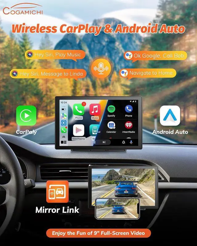 Alt view image 2 of 7 - 9 Inch Portable Car Screen Compatible with  Carplay and Android Auto: Wireless Carplay Screen for Car with 4K Dash Cam, 1080P Backup Camera, Navigation, FM, AirPlay, AUX, 64GB Card