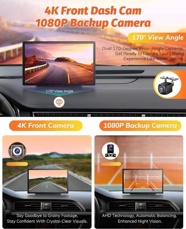Alt view image 3 of 7 - 9 Inch Portable Car Screen Compatible with  Carplay and Android Auto: Wireless Carplay Screen for Car with 4K Dash Cam, 1080P Backup Camera, Navigation, FM, AirPlay, AUX, 64GB Card