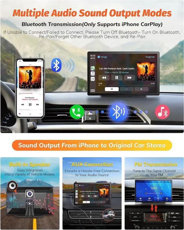 Alt view image 5 of 7 - 9 Inch Portable Car Screen Compatible with  Carplay and Android Auto: Wireless Carplay Screen for Car with 4K Dash Cam, 1080P Backup Camera, Navigation, FM, AirPlay, AUX, 64GB Card