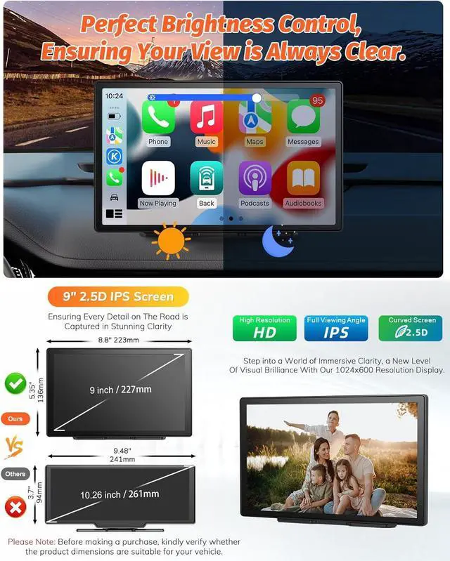 Alt view image 6 of 7 - 9 Inch Portable Car Screen Compatible with  Carplay and Android Auto: Wireless Carplay Screen for Car with 4K Dash Cam, 1080P Backup Camera, Navigation, FM, AirPlay, AUX, 64GB Card