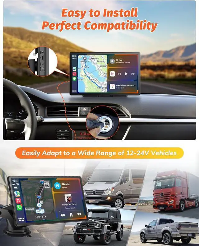 Alt view image 7 of 7 - 9 Inch Portable Car Screen Compatible with  Carplay and Android Auto: Wireless Carplay Screen for Car with 4K Dash Cam, 1080P Backup Camera, Navigation, FM, AirPlay, AUX, 64GB Card