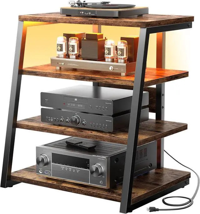 Main image of 4-Tier AV Media Stand with Power Strips, Corner TV Stand with LED Lights, Rack Audio Tower with Adjustable Shelves, Corner Entertainment Center, 30'', Rustic Brown
