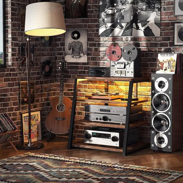 Alt view image 2 of 7 - 4-Tier AV Media Stand with Power Strips, Corner TV Stand with LED Lights, Rack Audio Tower with Adjustable Shelves, Corner Entertainment Center, 30'', Rustic Brown