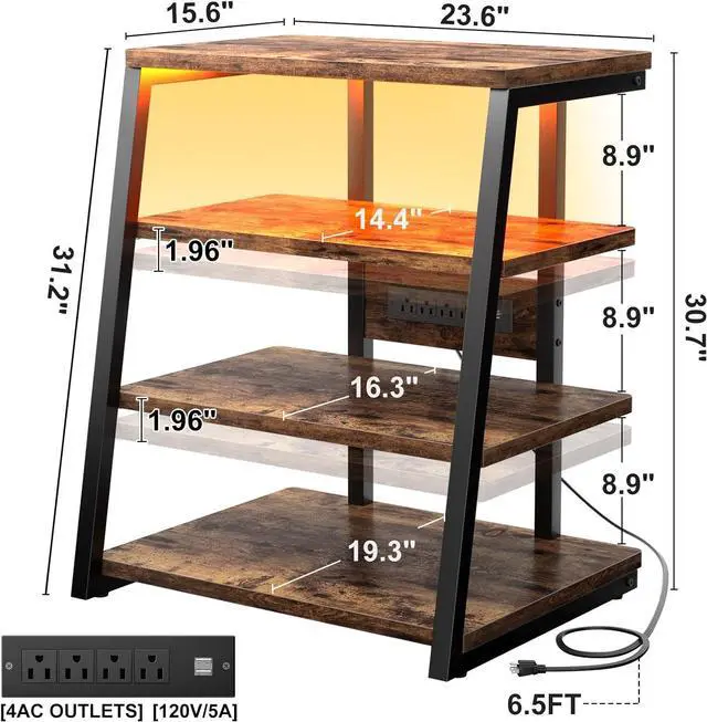 Alt view image 3 of 7 - 4-Tier AV Media Stand with Power Strips, Corner TV Stand with LED Lights, Rack Audio Tower with Adjustable Shelves, Corner Entertainment Center, 30'', Rustic Brown