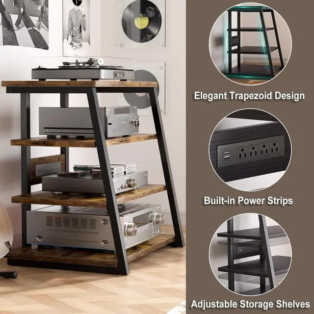 Alt view image 4 of 7 - 4-Tier AV Media Stand with Power Strips, Corner TV Stand with LED Lights, Rack Audio Tower with Adjustable Shelves, Corner Entertainment Center, 30'', Rustic Brown