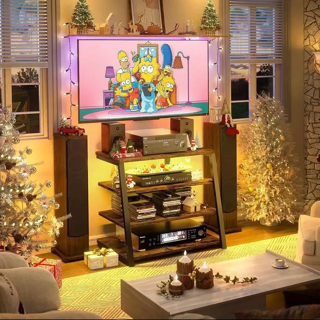 Alt view image 7 of 7 - 4-Tier AV Media Stand with Power Strips, Corner TV Stand with LED Lights, Rack Audio Tower with Adjustable Shelves, Corner Entertainment Center, 30'', Rustic Brown
