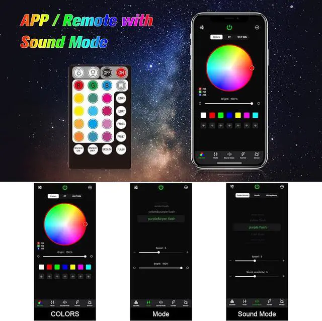 Alt view image 4 of 7 - 16W 450pcs 0.03in 9.8ft Car Use Bluetooth RGBW LED Fiber Optic APP&Remote Music Mode Star Ceiling Headliner Light Kit+Adapter+Cigarette Lighter for Car/Ceiling