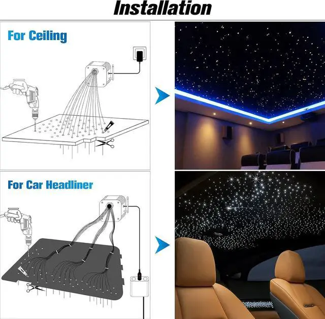 Alt view image 5 of 7 - 16W 450pcs 0.03in 9.8ft Car Use Bluetooth RGBW LED Fiber Optic APP&Remote Music Mode Star Ceiling Headliner Light Kit+Adapter+Cigarette Lighter for Car/Ceiling