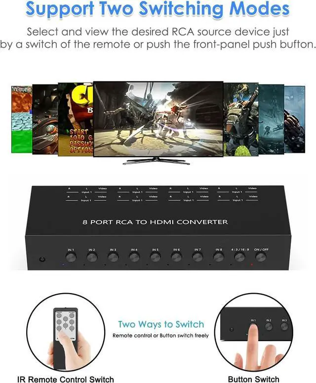 Alt view image 2 of 7 - 8 Port RCA to HDMI Converter - Dual AV to HDMI Adapter Supports 1080P PAL/NTSC Compatible with Sega/Xbox/PS1/PS2/PS3/WII/N64/VHS, VCRs, and DVD Players