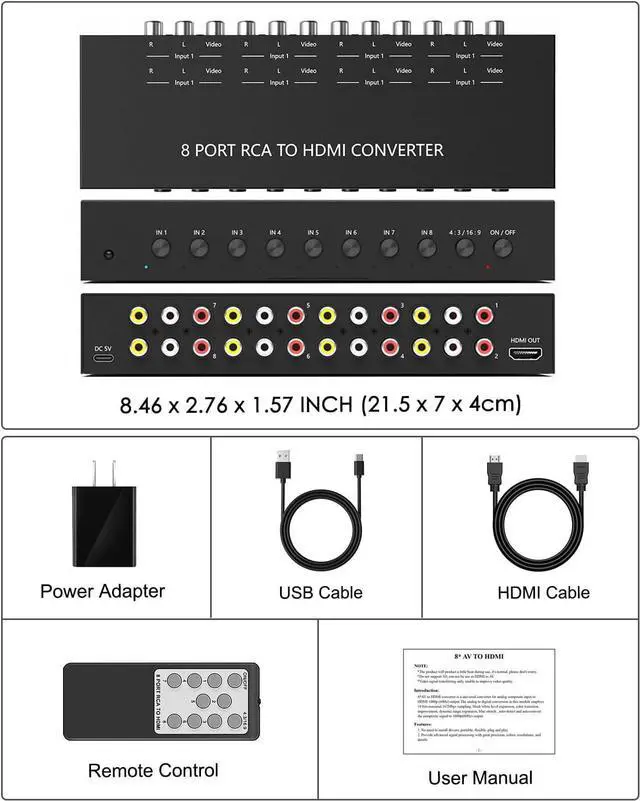 Alt view image 7 of 7 - 8 Port RCA to HDMI Converter - Dual AV to HDMI Adapter Supports 1080P PAL/NTSC Compatible with Sega/Xbox/PS1/PS2/PS3/WII/N64/VHS, VCRs, and DVD Players