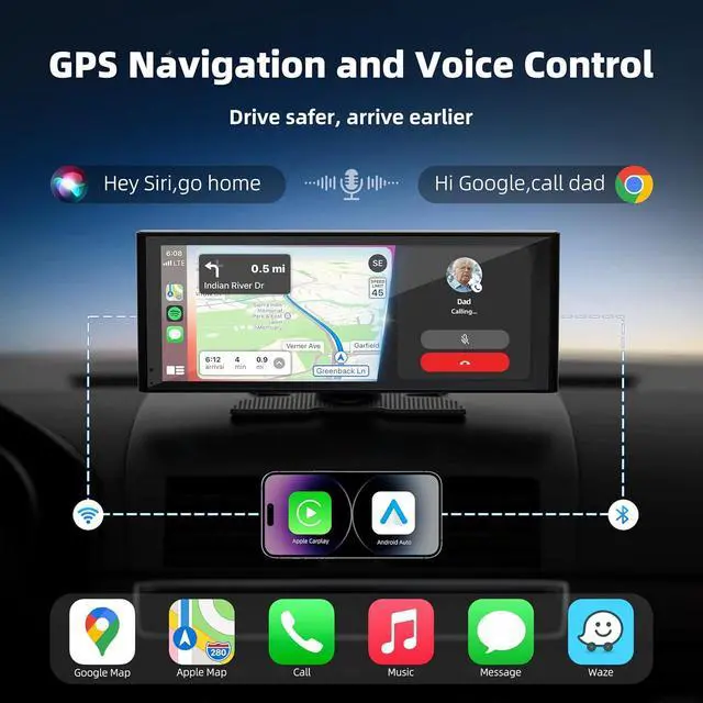 Alt view image 3 of 7 - Portable Carplay Screen for Car, 10.26" Wireless  Carplay & Android Auto with 4K Dash Cam,1080p Backup Camera,Car Audio Receivers, GPS Navigation, SuperLink, Bluetooth,FM, Music Player