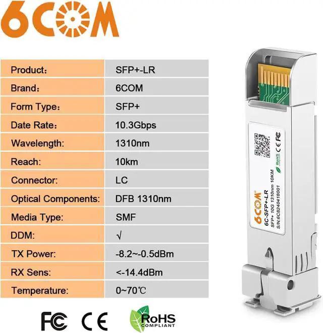 Alt view image 2 of 7 - 10Pack 10GBase-LR SFP+ Transceiver, 10G LC Single Mode Module for Cisco SFP-10G-LR, Meraki MA-SFP-10GB-LR, Ubiquiti UF-SM-10G, Mikrotik, D-Link, Supermicro, Netgear DDM, 1310nm, 10km
