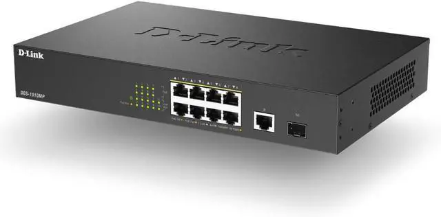 Alt view image 2 of 7 - D-Link PoE Switch, 8 10 Port Unmanaged w/ 1 Gigabit Ethernet Port & 1 SFP Uplink Port, 125W PoE Budget Fanless Rackmount Plug N Play (DGS-1010MP), Black
