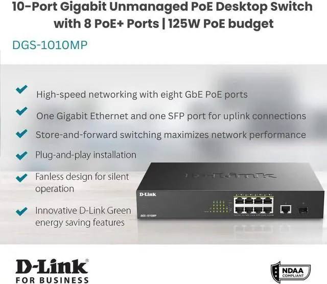 Alt view image 3 of 7 - D-Link PoE Switch, 8 10 Port Unmanaged w/ 1 Gigabit Ethernet Port & 1 SFP Uplink Port, 125W PoE Budget Fanless Rackmount Plug N Play (DGS-1010MP), Black