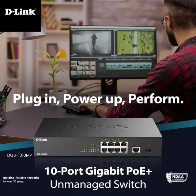 Alt view image 5 of 7 - D-Link PoE Switch, 8 10 Port Unmanaged w/ 1 Gigabit Ethernet Port & 1 SFP Uplink Port, 125W PoE Budget Fanless Rackmount Plug N Play (DGS-1010MP), Black