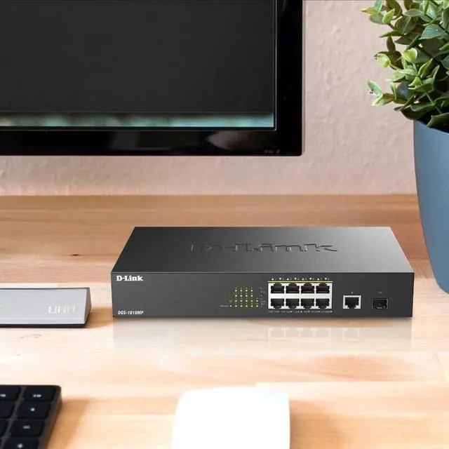 Alt view image 7 of 7 - D-Link PoE Switch, 8 10 Port Unmanaged w/ 1 Gigabit Ethernet Port & 1 SFP Uplink Port, 125W PoE Budget Fanless Rackmount Plug N Play (DGS-1010MP), Black