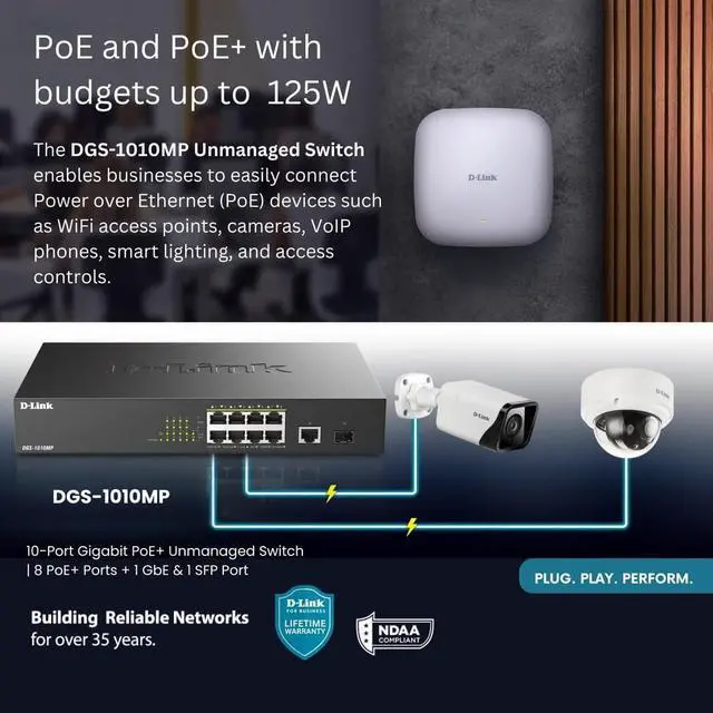 Alt view image 4 of 7 - D-Link PoE Switch, 8 10 Port Unmanaged w/ 1 Gigabit Ethernet Port & 1 SFP Uplink Port, 125W PoE Budget Fanless Rackmount Plug N Play (DGS-1010MP), Black
