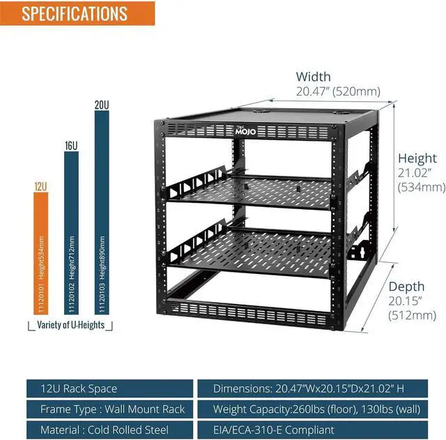 Alt view image 2 of 6 - 12U Open Frame Network Rack for IT & AV Gear, AV Rack Floor Standing or Wall Mounted,with 2 PCS 1U Rack Shelves & Mounting Hardware,Network Rack for 19" Networking,Audio and Video Device