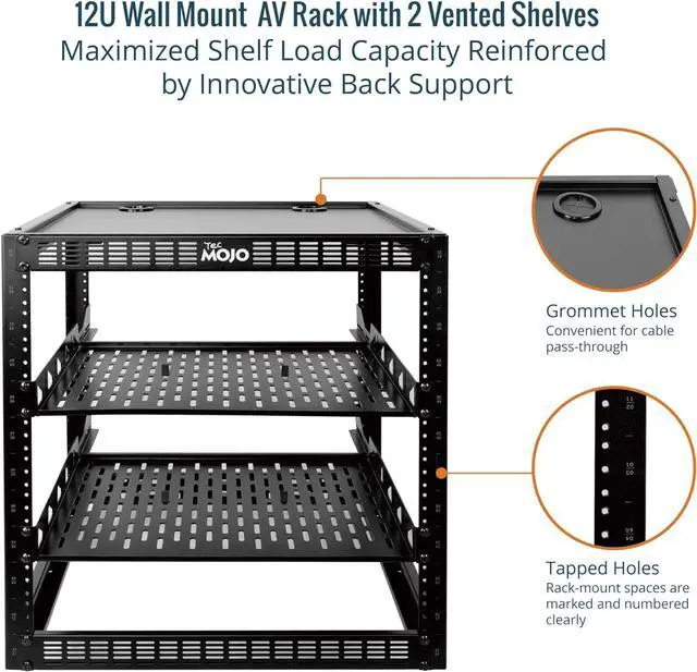 Alt view image 4 of 6 - 12U Open Frame Network Rack for IT & AV Gear, AV Rack Floor Standing or Wall Mounted,with 2 PCS 1U Rack Shelves & Mounting Hardware,Network Rack for 19" Networking,Audio and Video Device