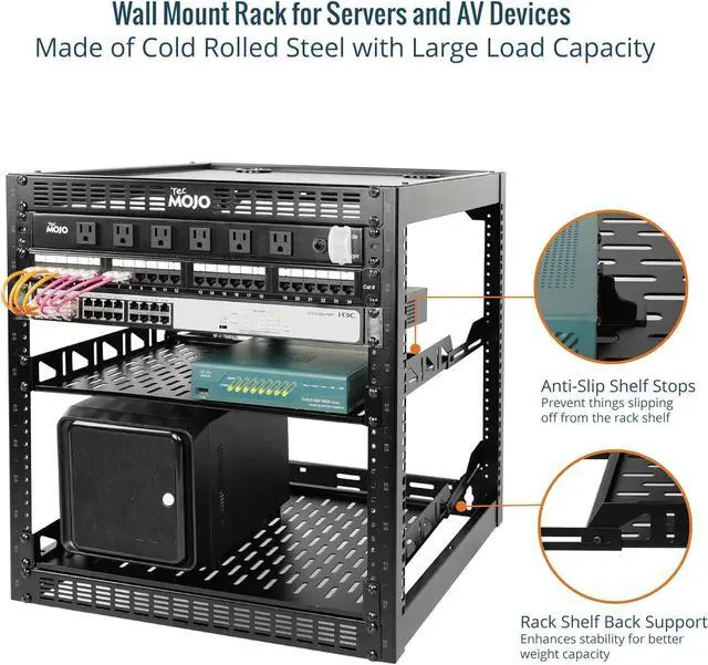 Alt view image 3 of 6 - 12U Open Frame Network Rack for IT & AV Gear, AV Rack Floor Standing or Wall Mounted,with 2 PCS 1U Rack Shelves & Mounting Hardware,Network Rack for 19" Networking,Audio and Video Device