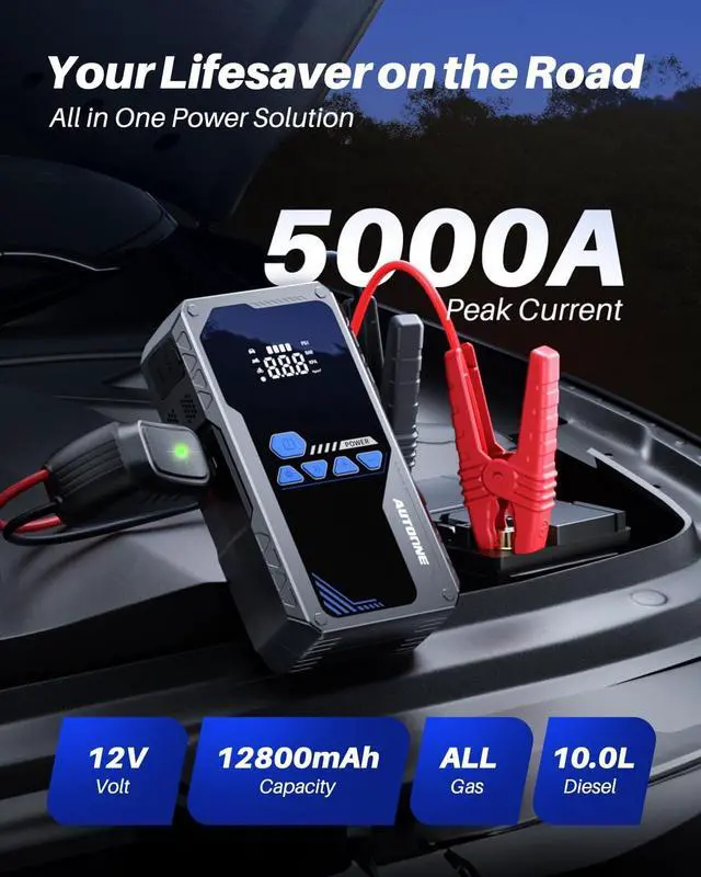 Alt view image 2 of 7 - 5000A Jump Starter with Air Compressor (All Gas/10L Diesel), 150PSI Car Battery Jumper Starter Portable, Jump Box Tire Inflator with LED Flashlight, LCD Display, Storage Case