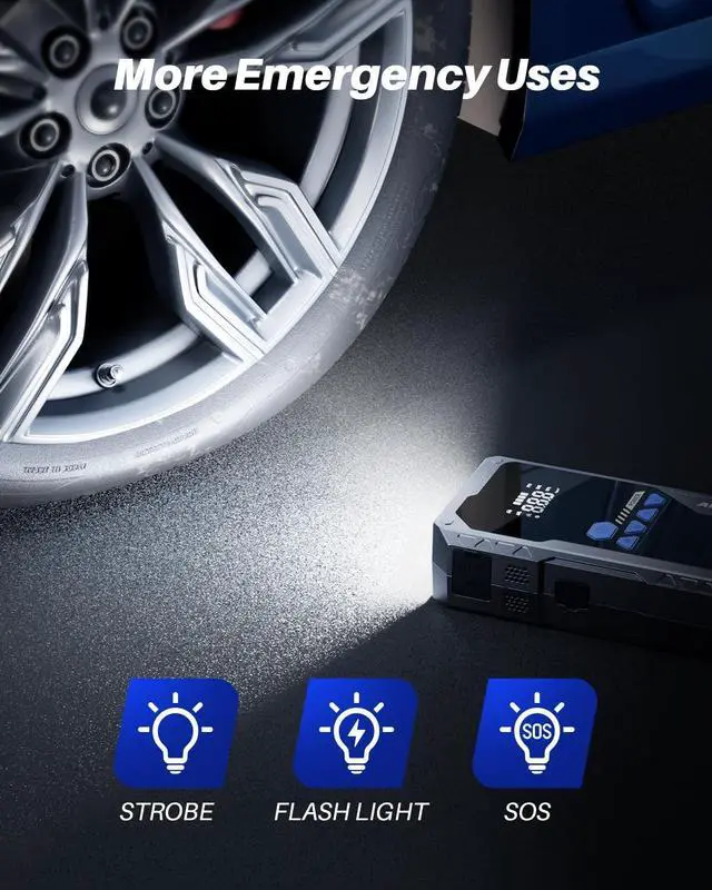 Alt view image 6 of 7 - 5000A Jump Starter with Air Compressor (All Gas/10L Diesel), 150PSI Car Battery Jumper Starter Portable, Jump Box Tire Inflator with LED Flashlight, LCD Display, Storage Case