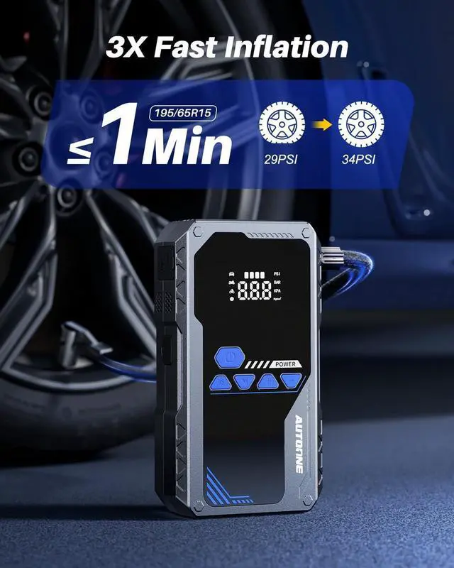 Alt view image 3 of 7 - 5000A Jump Starter with Air Compressor (All Gas/10L Diesel), 150PSI Car Battery Jumper Starter Portable, Jump Box Tire Inflator with LED Flashlight, LCD Display, Storage Case